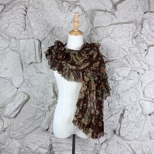 Ralph Lauren Collection Silk Ruffle Scarf Hearthstone Brown Floral | 60”